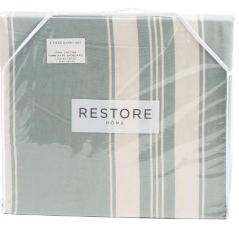 Restore Home 3pc Cotton King Duvet Cover Set Vintage (Green and Cream Stripes)